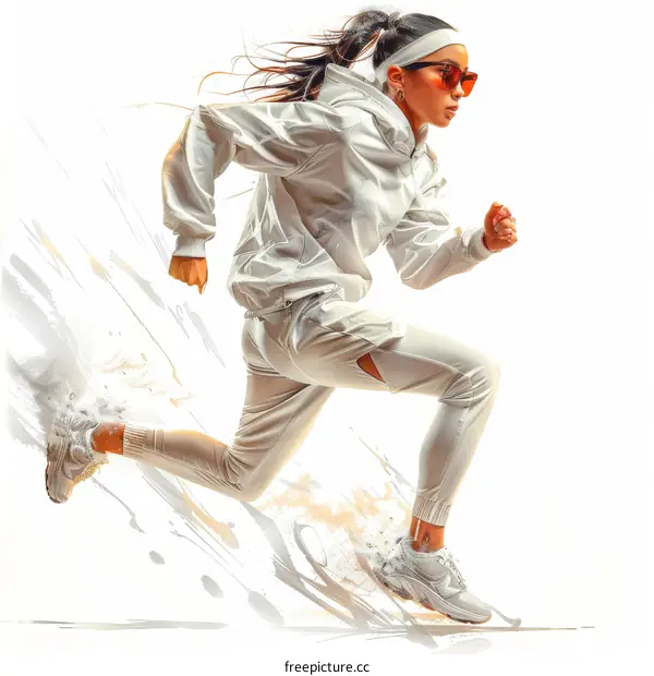 Young female runner in white sportswear running fast