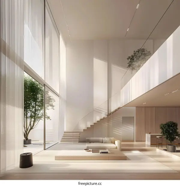 Modern Minimalist Interior Design with Curved Staircase and Large Windows