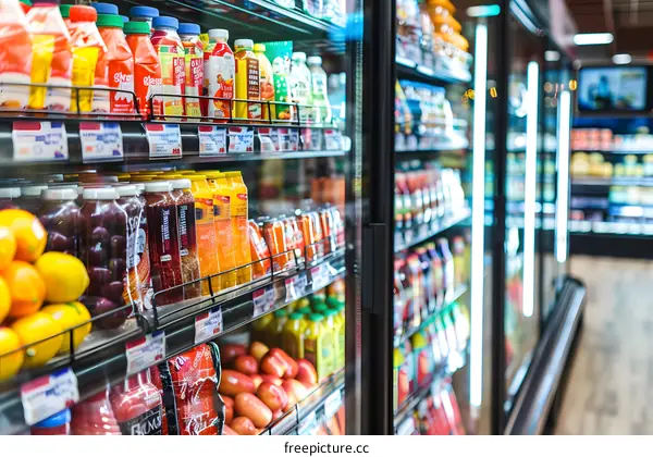 Closeup of Refrigerated Shelves in a Grocery Store with Fruit Juice