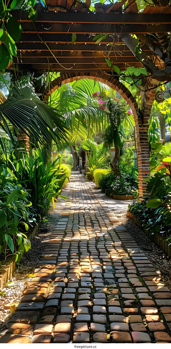 The stone path in the lush green garden
