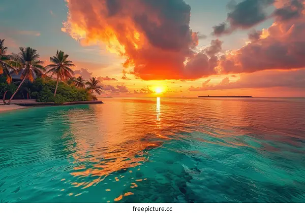 Beach sunset over water with palm trees on tropical island
