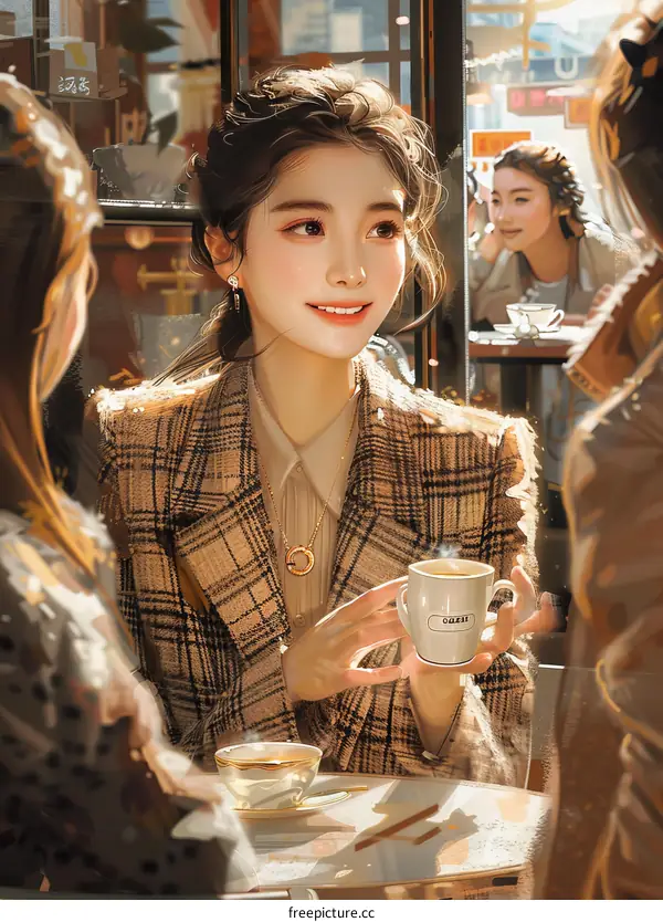 An Asian woman is sitting in a cafe having coffee with her friends