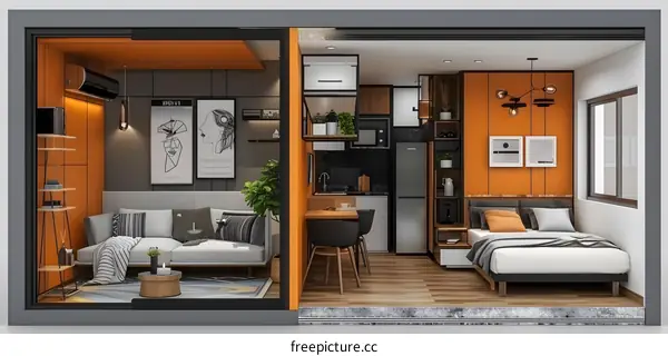 An illustration of a modern studio apartment with a living area, kitchen, and bedroom