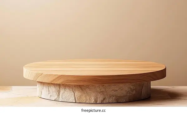 Wooden Round Display Podium with Beige Background