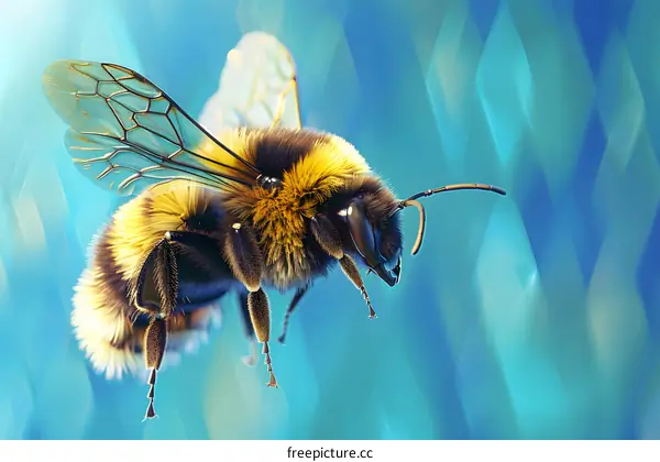 Bumblebee in Flight on Blue Background