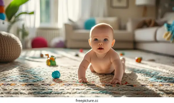 An adorable baby crawling on the floor with a ball nearby