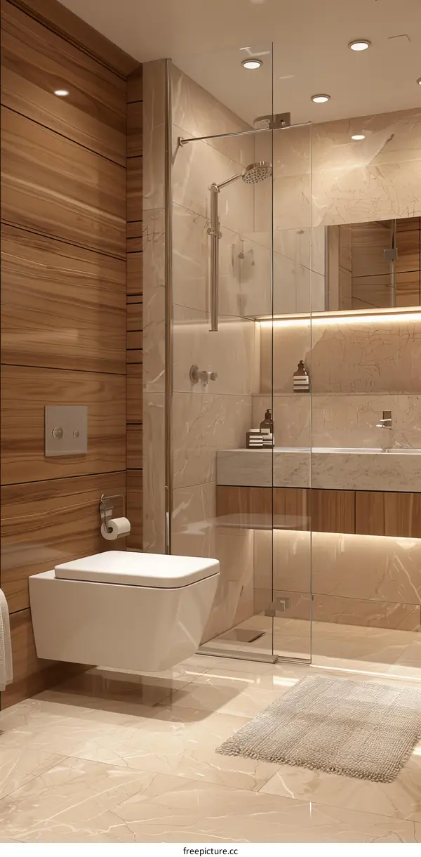 Bathroom interior with beige marble tiles and wooden wall paneling
