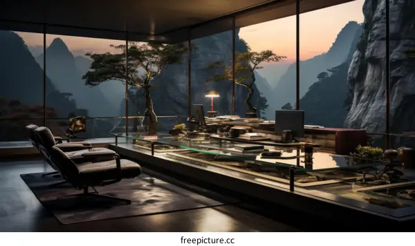  Modern Office Interior Design with Glass Windows and Mountain View