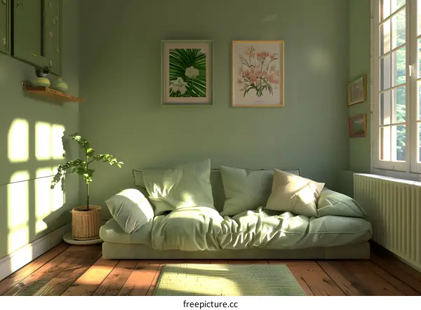 A green living room with a sofa, plants, and pictures on the wall