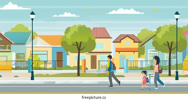 Family Walking Down Suburban Street Illustration