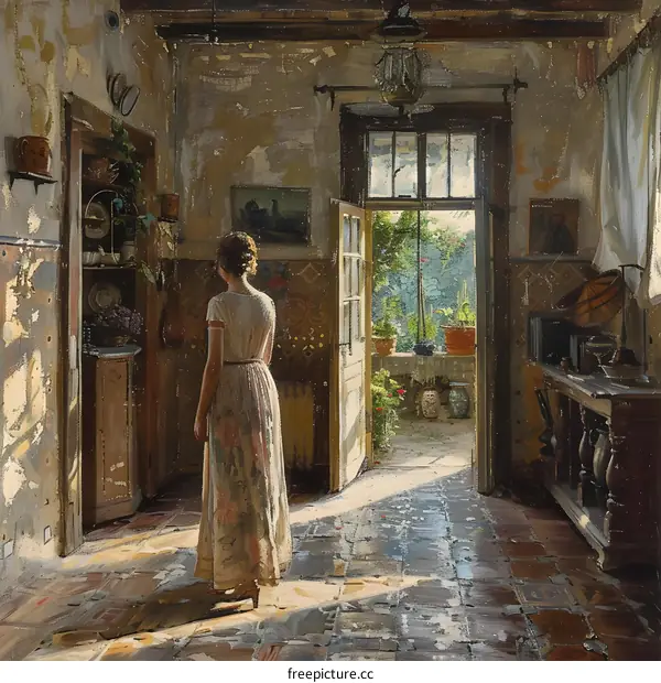 An elegant woman standing in a sunlit room admiring the garden outside