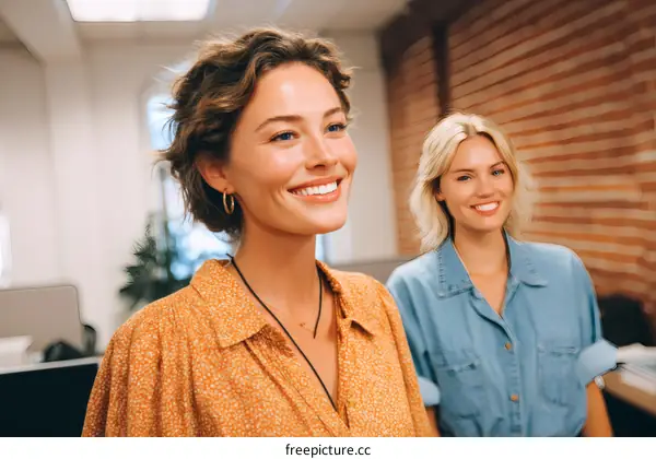 Two Caucasian Women Smiling in Modern Office