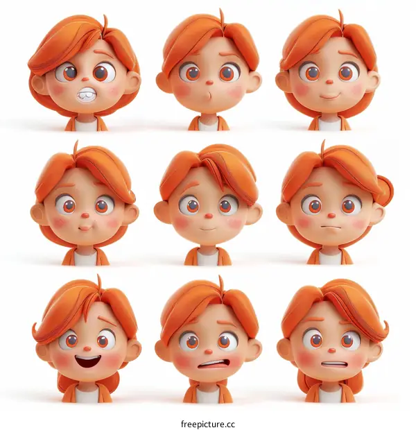 3D cartoon character with orange hair expressing different emotions