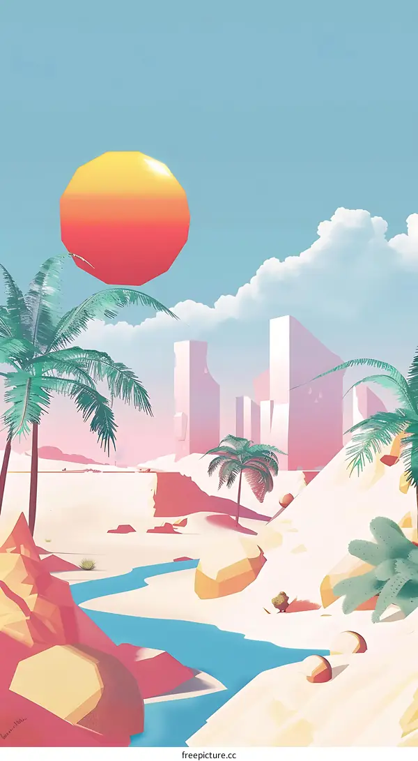 Abstract Geometric Landscape With Palm Trees and Sunset