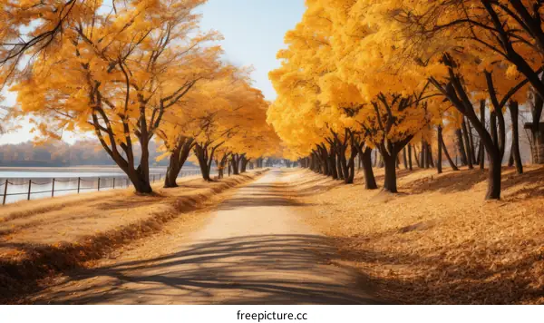 Golden Autumn Road: Countryside Pathway with Yellow Trees