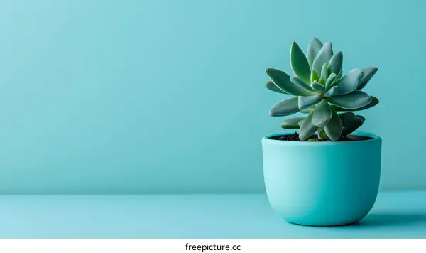 Single Succulent Plant in a Teal Pot Against a Turquoise Background