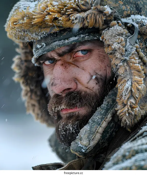 Closeup Portrait Of A Bearded Man Wearing A Fur Hat In The Snow