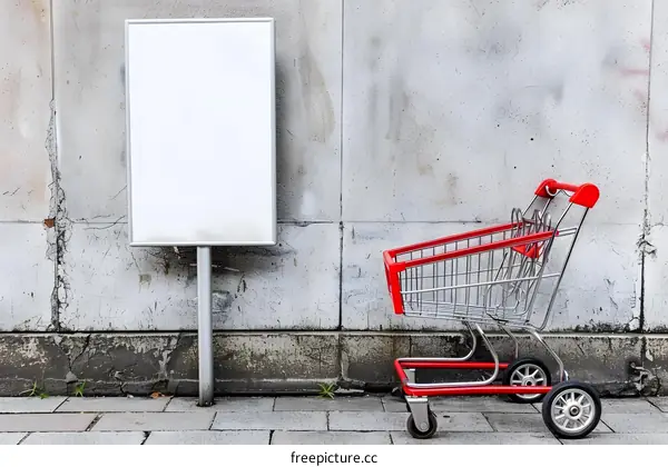 Blank Sign and Shopping Cart on Gray Wall