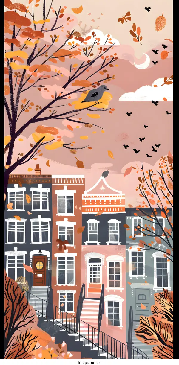 Autumn Illustration with Houses and Birds
