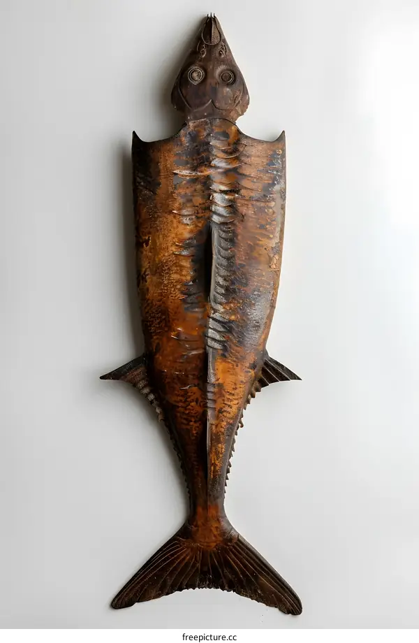 Carved Wooden Fish Sculpture on White Background