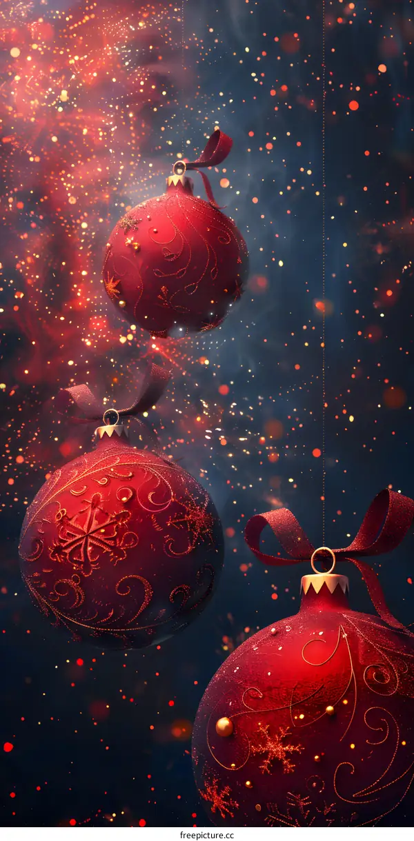 Three red Christmas balls hanging from above with a dark blue background and red and orange glitter falling