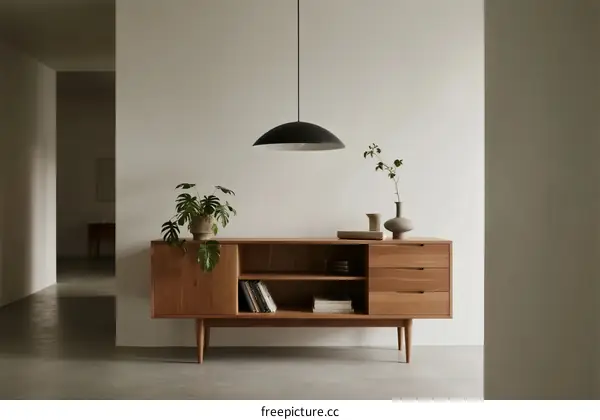 Modern wooden sideboard with plants in a minimalistic room