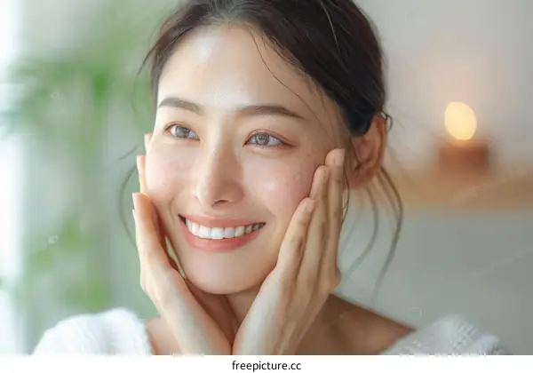 A young woman with freckles on her face is smiling.