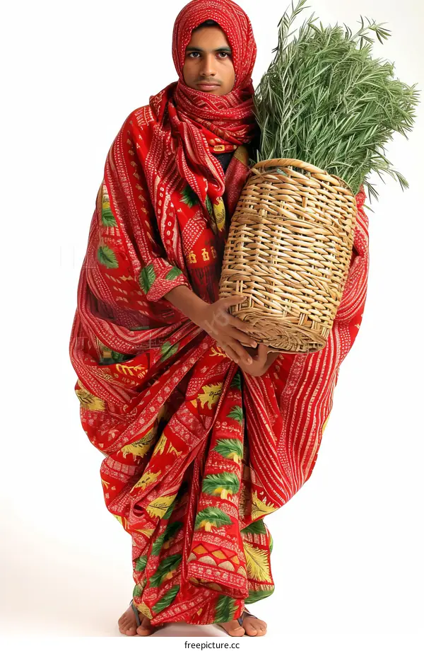 A young man wearing a red and white headscarf and a red and white patterned lunghi holds a basket of green plants.