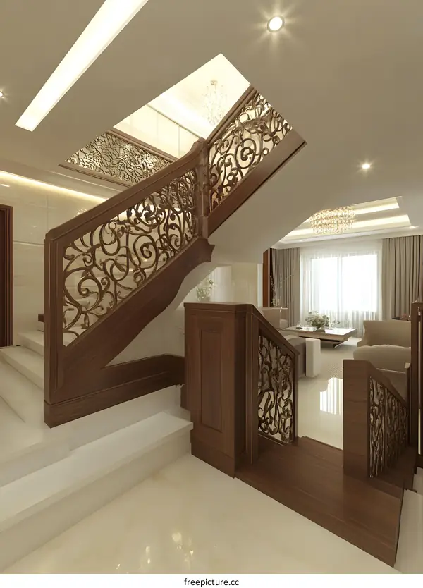 Modern Home Staircase Design With Metal Railing