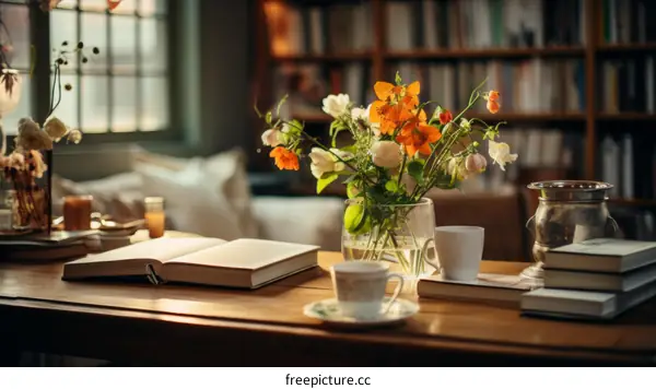 Still life with flowers and books in interior