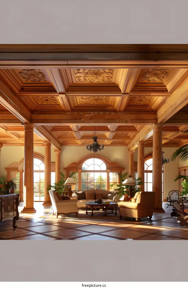 Ornate Wood Ceiling in a Luxury Living Room