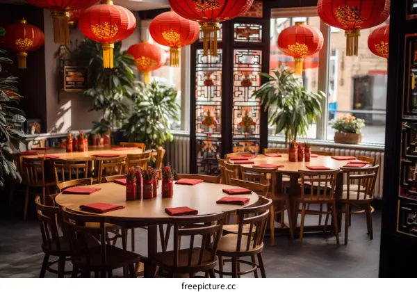 Chinese Restaurant Interior Decorated with Traditional Lanterns