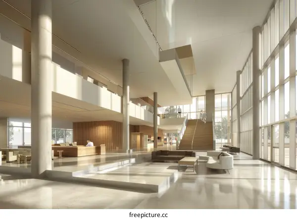 Contemporary Atrium Interior with Wooden Wall Panels and Large Windows