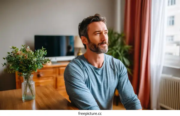 A middle-aged man sitting by a wooden table in a room