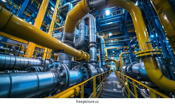 The innards of a factory with yellow pipes