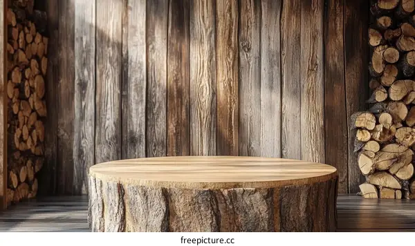 Wooden Round Display Platform with Rustic Wood Background