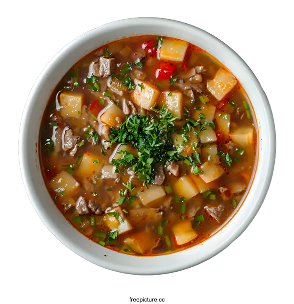 [Transparent Background PNG]Beef and Potato Soup in a White Bowl