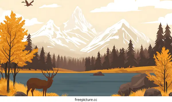Autumn Landscape With Mountains and Deer