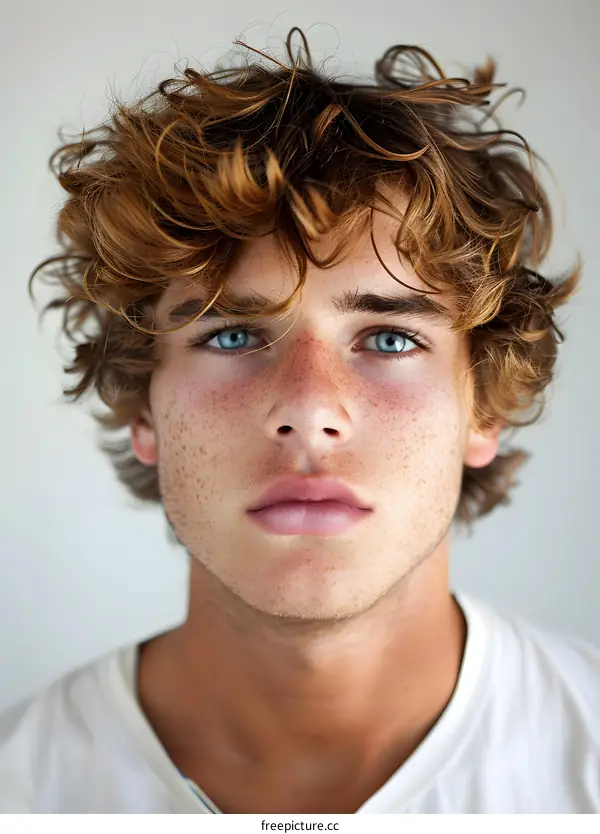 Portrait of a young man with freckles and blue eyes