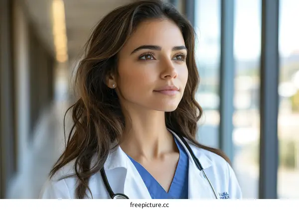 Female Caucasian Doctor in Hospital Corridor