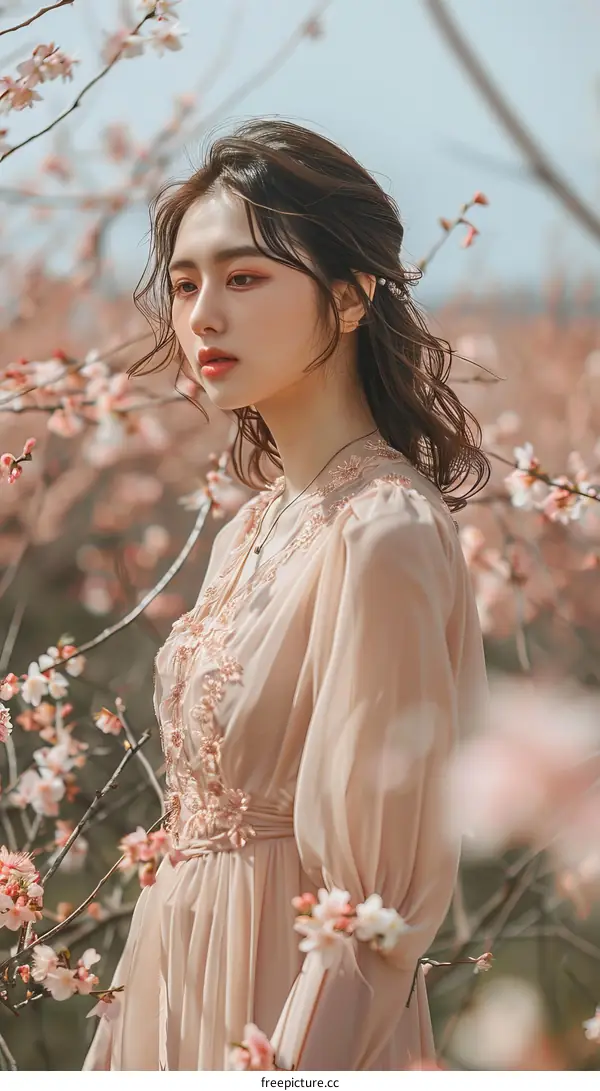 An Asian Woman Stands Among the Bright Pink Cherry Blossoms