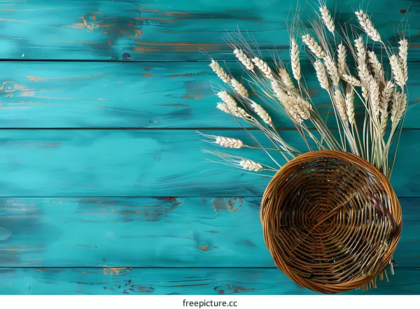 Blue Wooden Background with Wheat and Basket