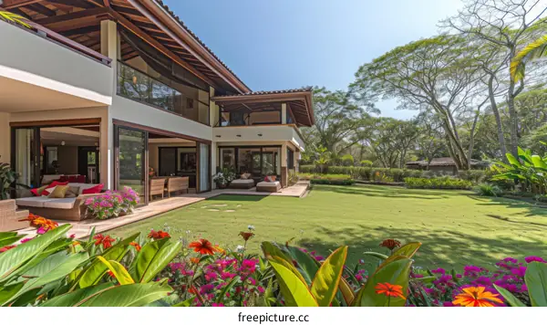 Modern luxury house with tropical garden and pool