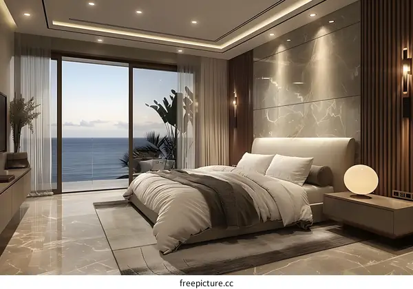 Modern bedroom with a view of the sea
