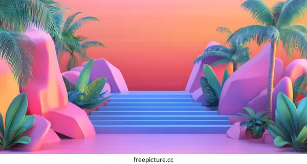 Summer Tropical Scene With Pink Rocks and Palm Trees