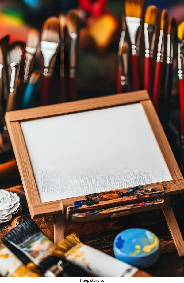 Blank Canvas On Easel With Paintbrushes