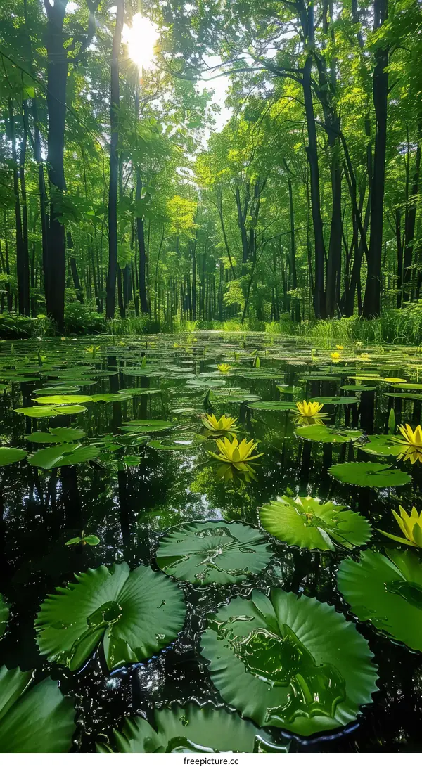 Serene Pond in Lush Forest with Vibrant Green Leaves and Yellow Lilies
