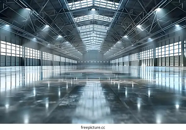 Empty Warehouse Interior With Steel Structure and Shiny Concrete Floor