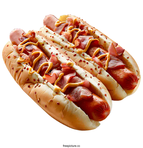 [Transparent Background PNG]Three delicious hot dogs with bacon and mustard
