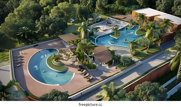 Aerial View of a Tropical Resort with Swimming Pools and Palm Trees